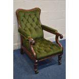 A GEORGIAN MAHOGANY LIBRARY OPEN ARMCHAIR, with scrolled armrests, on turned legs, width 68cm x