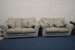 A PAIR OF UPHOLSTERED TWO SEATER SETTEES, one grey and the other tartan grey, width 187cm (both sofa