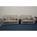 A PAIR OF UPHOLSTERED TWO SEATER SETTEES, one grey and the other tartan grey, width 187cm (both sofa