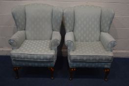 A PAIR OF DUCK EGG BLUE WING BACK ARMCHAIRS on cabriole front legs