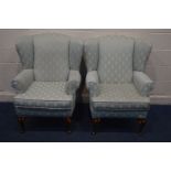 A PAIR OF DUCK EGG BLUE WING BACK ARMCHAIRS on cabriole front legs