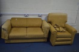 A GOLD UPHOLSTERED DOUBLE DROP END TWO SEATER SOFA, and a matching armchair (Sd)
