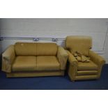 A GOLD UPHOLSTERED DOUBLE DROP END TWO SEATER SOFA, and a matching armchair (Sd)