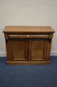 A VICTORIAN WALNUT CHIFFONIER BASE with a single long drawer, width 106cm x depth 39cm x height 86cm