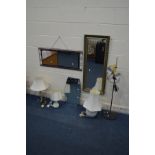 THREE VARIOUS WALL MIRRORS along with a twin branch floor standing lamp, and three table lamps