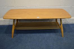 AN ERCOL WINDSOR ELM AND BEECH MODEL 398 RECTANGULAR COFFEE TABLE, with a spindled undertier,