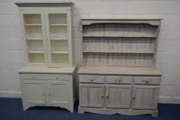 A PINE DRESSER with three drawers, width 141cm x depth 44cm x height 167cm and a Edwardian double