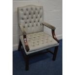 A REPRODUCTION GEORGIAN STYLE MAHOGANY GAINSBOROUGH LIBRARY CHAIR, with buttoned olive green