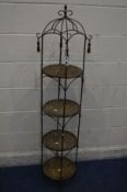 A METAL AND WICKER CYLINDRYCAL FOUR TIER STAND, diameter 30cm x height 155cm