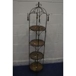 A METAL AND WICKER CYLINDRYCAL FOUR TIER STAND, diameter 30cm x height 155cm