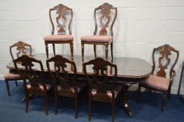 A MODERN CHERRYWOOD AND PARQUETRY TOPPED TWIN PEDESTAL DINING TABLE, with two additional leaves