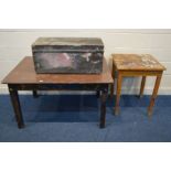 AN EARLY 20TH CENTURY PINE TOPPED TABLE, with a single drawer, length 123cm x depth 90cm x height