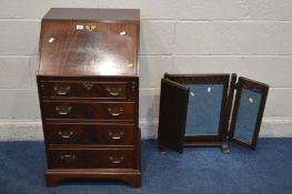 A SLIM MAHOGANY BUREAU, with four drawers, width 51cm x depth 46cm x height 92cm (key) along with