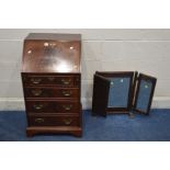 A SLIM MAHOGANY BUREAU, with four drawers, width 51cm x depth 46cm x height 92cm (key) along with