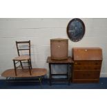 A MID 20TH CENTURY TEAK BUREAU, along with an oak barley twist occasional table, mahogany oval