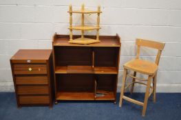 A TEAK CHEST OF FOUR DRAWERS, along with a similar open bookcase, pine kitchen table, length 138cm x
