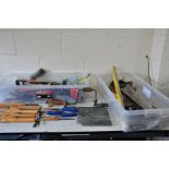 TWO TRAYS CONTAINING VARIOUS TOOLS including Marples wood chisels, wood turning chisels, Bit and