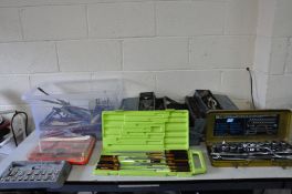 A TRAY, A TOOLBOX, A CASED SOCKET SET AND SCREWDRIVER SET, tools including a drill set, files, drill