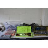 A TRAY, A TOOLBOX, A CASED SOCKET SET AND SCREWDRIVER SET, tools including a drill set, files, drill