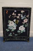 AN EBONISED AND CHINOISERIE TWO DOOR CABINET, width 59cm 28cm x height 76cm