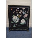 AN EBONISED AND CHINOISERIE TWO DOOR CABINET, width 59cm 28cm x height 76cm