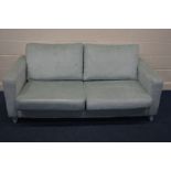 AN DUCK EGG GREEN UPHOLSTERED BOX FRAMED TWO SEATER SETTEE, width 185cm