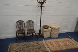 A PAIR OF ELM AND BEECH WHEELBACK CHAIRS, along with a stained beech bentwood style coat stand,