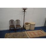 A PAIR OF ELM AND BEECH WHEELBACK CHAIRS, along with a stained beech bentwood style coat stand,