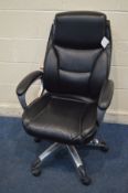 A BLACK LEATHER SWIVEL OFFICE CHAIR with adjustable lumber support
