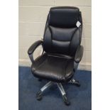 A BLACK LEATHER SWIVEL OFFICE CHAIR with adjustable lumber support