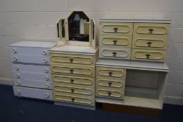 A WHITE FOUR PIECE BEDROOM SUITE, including a dressing table with a separate mirror, chest of
