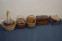 A QUANTITY OF VARIOUS BASKETS, MAINLY WICKER, along with a vintage walnut case frister and Rossman