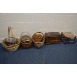 A QUANTITY OF VARIOUS BASKETS, MAINLY WICKER, along with a vintage walnut case frister and Rossman