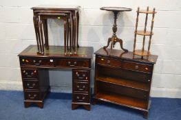 A SMALL MAHOGANY PEDESTAL DESK, with green leather and gilt tooled inlay top, and eight drawers,