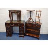 A SMALL MAHOGANY PEDESTAL DESK, with green leather and gilt tooled inlay top, and eight drawers,