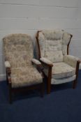 TWO WOODEN FRAMED FLORAL UPHOLSTERED ARMCHAIRS and two beech chairs (4)