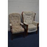 TWO WOODEN FRAMED FLORAL UPHOLSTERED ARMCHAIRS and two beech chairs (4)