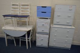 A WHITE FINISH DROP LEAF KITCHEN TABLE, four chairs, and five various chest of drawers (Sd to one