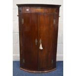 A GEORGIAN MAHOGANY AND SHELL INLAID BOWFRONT DOUBLE DOOR CORNER CUPBOARD, width 71cm x depth 56cm x