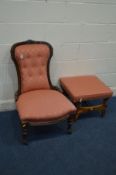 A LATE VICTORIAN WALNUT BEDROOM CHAIR and a walnut Savonarola stool, both upholstered in pink