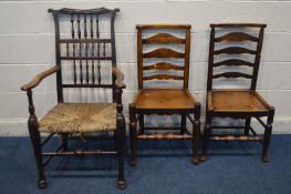 A PERIOD OAK SPINDLE BACK COUNTRY ELBOW CHAIR, with a rush seat (Sd) along with a near pair of oak