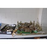 TWO TRAYS OF BRASSWARE including two sets of fire dogs, six wall lamps with feather, rope and swag