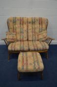 AN ERCOL WINDSOR BLONDE BEECH AND ASH TWO SEATER SETTEE, with removable cushions, 141cm x a matching