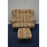 AN ERCOL WINDSOR BLONDE BEECH AND ASH TWO SEATER SETTEE, with removable cushions, 141cm x a matching