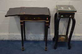 AN EBONISED AND FOLIATE GILT PAINTED DROP LEAF SOFA TABLE, with a single drawer, on square