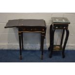 AN EBONISED AND FOLIATE GILT PAINTED DROP LEAF SOFA TABLE, with a single drawer, on square