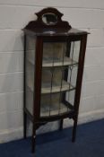 AN EDWARDIAN MAHOGANY ART NOUVEAU LEAD GLAZED SINGLE DISPLAY CABINET with a raised mirror top, on