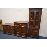 THREE OLD CHARM OAK PIECES OF FURNITURE, to include a glazed double door corner cupboard, two door