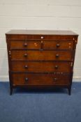 A GEORGE III OAK, MAHOGANY AND INLAID CHEST OF TWO SHORT AND THREE LONG GRADUATED DRAWERS, on slim