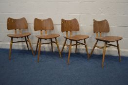 A SET OF FOUR ERCOL ELM AND BEECH MODEL 401 BUTTERFLY CHAIRS, all stamped to underside patent 888,